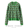 好看又好穿~绿色兔子提花，圆领羊绒针织开衫，外套女秋冬复古毛衣