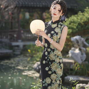 民国风旗袍复古2024年春黑色花色日常可穿传统老上海春款妈妈