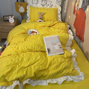 厂小清新暖色系床单床裙水洗棉荷叶花边被套四件套亮黄色宿舍三件