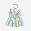 童装连衣裙2024夏季森系蓝色儿童，公主裙时尚，海军领女童碎花连衣裙