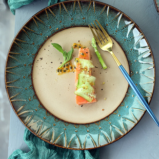 欧式孔雀纹蓝绿色大盘创意餐盘圆形，牛排盘陶瓷，平盘菜盘西餐餐具