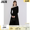 jiujiu黑灰撞色两件套法式连衣裙，女春季2024年设计感套装裙子