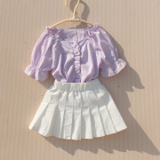 2023香芋紫色上衣女童夏季设计感泡泡袖法式方领木耳边衬衫