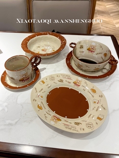 小陶器面包小熊系列高颜值餐具陶瓷，餐盘家用釉下彩双耳碗咖啡杯碟