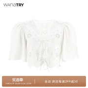 Wana try法式刺绣镂空衬衣夏季长袖衣服宽松上衣白色衬衫女