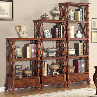 客厅实木置物架组合欧式自由书架书柜落地美式隔断收纳架多层花架