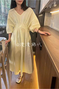 现韩国东大门女2024夏季气质贝壳设计感显瘦遮肉蝙蝠袖连衣裙