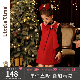 littletime儿童春秋毛呢背心裙红色礼服裙年服女童小香风连衣裙