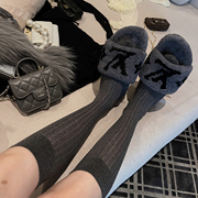 IN MIMIFACE 灰色针织长筒袜女秋季中筒袜竖条纹棉袜小腿袜子