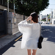 女士外套中长款夏季开衫外搭长袖衬衫纯白色，雪纺时尚防晒衣