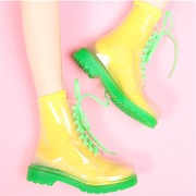 透明雨鞋韩国水晶果冻鞋，平底马丁雨靴，时尚防水防滑女鞋糖果色水鞋