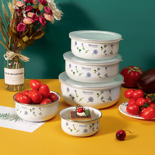 搪瓷植物花卉带饭碗 加厚密封碗盒套装五件套 保鲜碗汤碗带盖