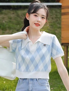 格子冰丝针织polo衫短袖正肩t恤女夏季设计感小众学院风短款上衣