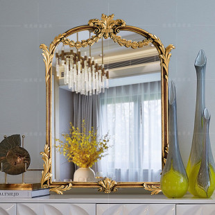 法式复古浴室化妆镜台式雕花，桌面欧式梳妆镜美式壁炉装饰镜子挂墙