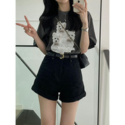 黑色翻边牛仔短裤女夏季韩系设计感宽松高腰显瘦弹力a字热裤