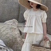 2023夏季韩版女童花边套裙，韩国儿童泡泡，袖娃娃衫上衣半裙2件套