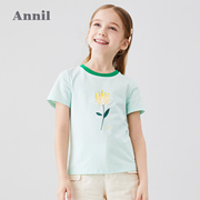 安奈儿童装女童短袖t恤针织衫，2024夏季圆领，半袖立体花朵洋气吸汗