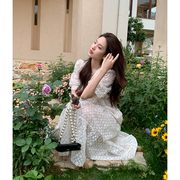 zhuyiyi2023夏季法式米白色蕾丝，泡泡袖连衣裙甜美短袖娃娃裙