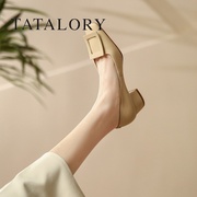 tatalory女鞋复古真皮粗跟单鞋，女法式气质高跟鞋软皮方头奶奶鞋