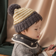 韩国进口婴儿童包头帽子男女宝宝冬季毛线保暖套头球球防风帽