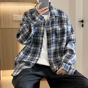 日系格子衬衫男长袖春秋新款潮流百搭青少年休闲宽松工装衬衣外套