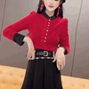中式国风红色金丝绒T恤立领衬衫女设计感小众打底衫修身丝绒上衣