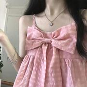 少女感温柔粉红色格子蝴蝶结背心，小吊带纯欲无袖，外穿可爱上衣夏季