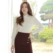 韩国职业女装韩版睫毛蕾丝，拼接半高领打底衬衫长袖ol上衣