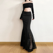 gagaopt自制蕾丝拼接黑色西装半身裙春季高腰显瘦包臀鱼尾裙