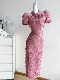 粉色复古改良旗袍连衣裙女夏季长裙小众设计高级感气质开叉礼服裙