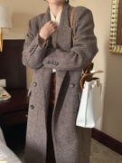 韩国东大门22年秋冬气质，高级感西装领双排，扣羊毛呢大衣外套