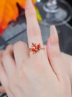 红色枫叶戒指开口可调节设计感网红百搭指环2022时尚个性配饰
