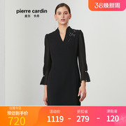 皮尔卡丹女装春季黑色立领喇叭袖连衣裙时尚一步裙P01DL01B0