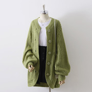 2023秋冬浅绿色针织毛衣外套女宽松垂感双口袋灯笼袖外穿上衣