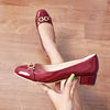 单鞋女漆皮酒红色中跟浅口粗跟圆头小皮鞋小码31 32 33韩版高跟鞋