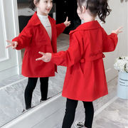 童装女童红色风衣2022春秋，中长款上衣中大童加棉加厚洋气外套