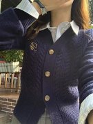 Brandy BM美式V领纽扣开衫藏青针织外套bm学院风减龄毛衣女潮
