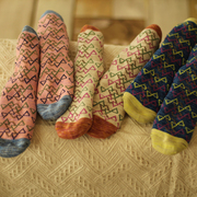 秋冬民族风纯棉中筒堆堆，袜复古文艺森女菱形格粗线袜子日系短靴袜