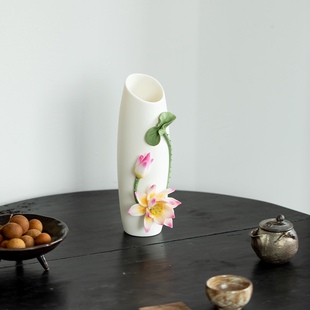 手工荷花花瓶 陶瓷工艺品摆件 中式家居 瓷器摆件 客厅桌面 玄关