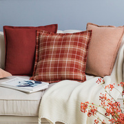 赫本家含羊毛混纺靠垫英伦格子新年红色抱枕套简约沙发床头腰枕