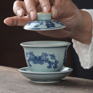 景德镇复古青花瓷潮州三才，盖碗泡茶碗，陶瓷仿古功夫茶具茶器