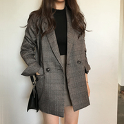 韩国chic复古英伦风格子小西装外套女格纹时尚宽松休闲西服上衣