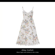 ebay花拾光森系亚麻花卉图案，贴花细节野餐度假吊带连衣裙夏款