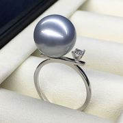 大溪地珍珠戒指18K金镶钻12.5正圆12-13mm铂金灰色海水珍珠平衡木