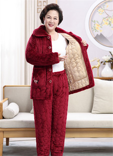 2023年冬季睡衣中老年女士中长款加绒加厚保暖棉衣外穿家居服