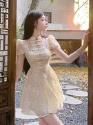 赫小本香风高级少女公主小礼服甜美气质泡泡袖蕾丝吊带连衣裙套装