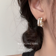 双层皮质编织锆石c型耳钉，女轻奢复古小香风耳环法式气质名媛耳饰