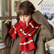 红色条纹围巾女冬季高级感保暖针织毛线披肩