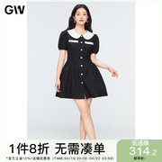 GW大码女装黑色减龄高腰显瘦圆领泡泡袖连衣裙2024夏季微胖mm