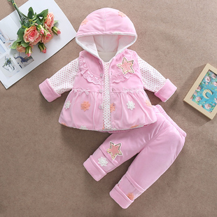 女宝宝春秋冬款套装，新生儿加厚三件套婴幼儿0-1-2岁外出薄棉衣服
